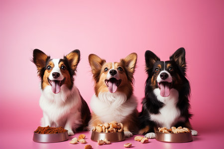 Three joyful dogs promote dry food on a pink backdrop a Welsh corgi a border collie and an Americanの素材