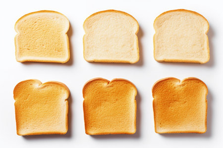 Top view of isolated slices of toast bread on white backgroundの素材