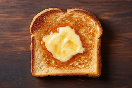 Top view of isolated buttered toast on white delicious and temptingの素材