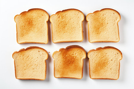 Top view of slices of bread on a white backgroundの素材