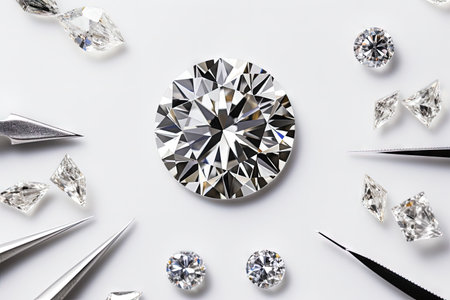 Top view of round cut diamond placed on tweezers with other varied cut diamonds on light backgroundの素材