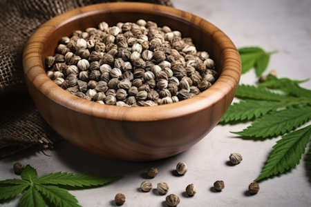 Top view of cannabis seeds in a wooden bowl and cannabis leaves on a white table with space for textの素材