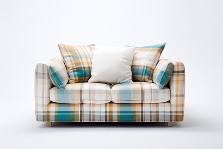 White background with plaid accented modern sofa and cushionの素材