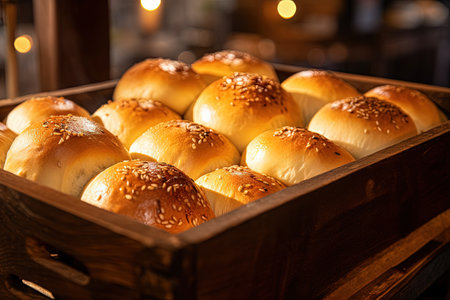 Warm light shining on a box of fresh baked bread rollsの素材