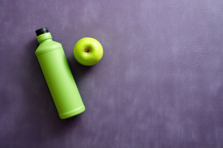 Yoga set with purple mat towel water bottle green apple Exercise gear Overhead view empty areaの素材