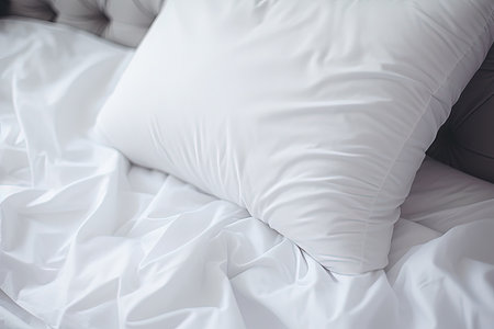 White pillow on bed in bedroom closeupの素材