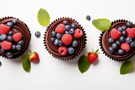 White table with top view of chocolate cupcakes topped with berries is deliciousの素材