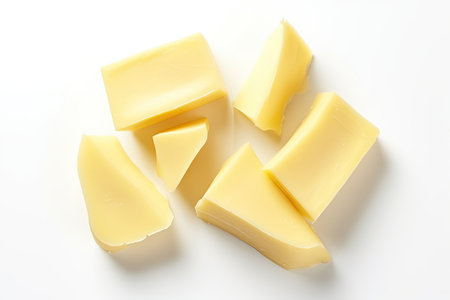Isolated butter pieces on white background viewed from topの素材