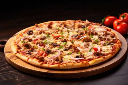 Isolated pizza served on wooden plateの素材