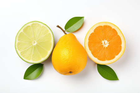 Isolated white background orange lemon and avocado halvesの素材