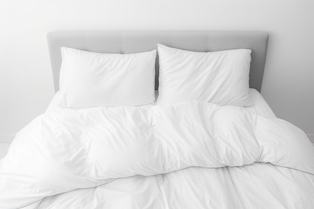 Isolated bed with two pillows and white linen against white backgroundの素材