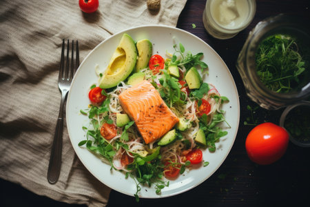 Lunch idea Fresh salmon salad with avocado and creamy mascarpone cheese perfect for food photographyの素材