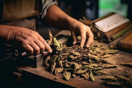 Making traditional cigars by hand with a mechanical device and press Close up of hands manipulatingの素材