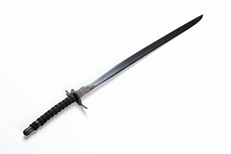 Japanese sword isolated on white background without scabbard plain edge pattern black cord steel fitの素材