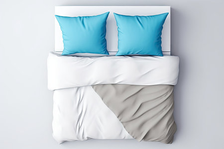 Mockup of bedding items Top view of bed linens Isolated white bed Blue and gray linens Pillows duvetの素材