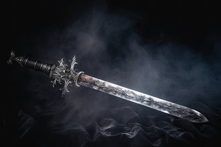 Medieval themed picture featuring a silver sword hovering against a gothic backdrop with smoke evokiの素材