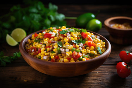 Mexican corn salad on rustic wooden tableの素材