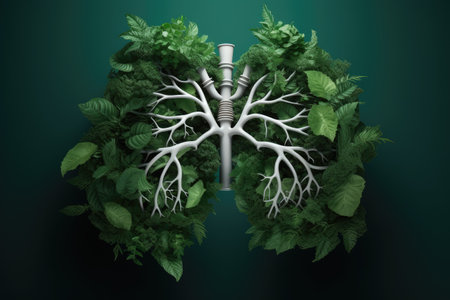 Magazine style design featuring fresh breath with green leaf lungs and hands addressing air pollutioの素材