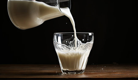 Milk being poured into a glass on a tableの素材