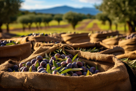 Olives gathered in sacks in Cretan field for oilの素材