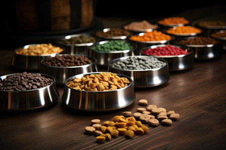 Metal bowls on floor with pet foodの素材