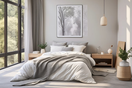 Neutral bedroom decor with bed linens window and wall artの素材