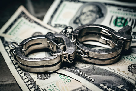 Monochrome background with US dollar banknotes and metal police handcuffs signifies corruption dirtyの素材