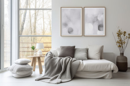 Neutral bedroom decor with bed linens window and wall artの素材