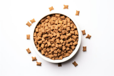 Ready to eat pelleted food for cats dogs or pets stored and measured in a plastic container with a mの素材