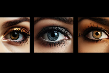Panoramic collage showcasing natural light makeup on stunning female eyesの素材