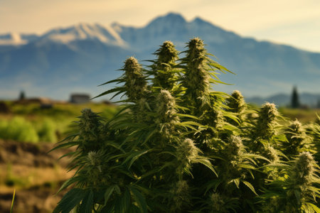 Organic CBD rich hemp plant with mature flower cola green leaves and scenic backdrop of farm mountaiの素材