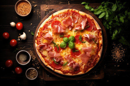 Pizza with salami prosciutto and chicken topped with red sauce melted cheese on black wooden backgroの素材
