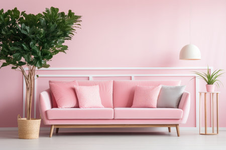 Real photo of a pink couch in a bright living room with a plant and a lamp nearbyの素材