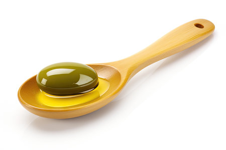 Olive oil on white background with spoonの素材
