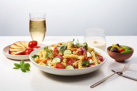Pasta salad and ingredients on light background served in a plate and bowl with tasteの素材
