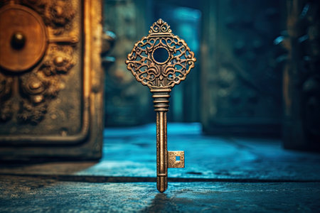 Old key in keyhole on vintage background macro photography Retro style Unlocking knowledge Concept fの素材