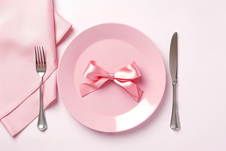 Pink napkins with cutlery and plates on a white background create a beautiful table settingの素材