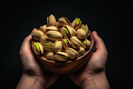 Pistachios arranged on black background with space for textの素材