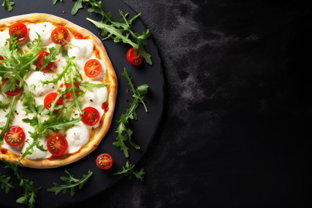 Pizza with toppings on black stone background Use for restaurant advertisement or recipeの素材