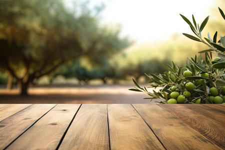 Product display table with vintage wooden design and blurred olive tree backgroundの素材