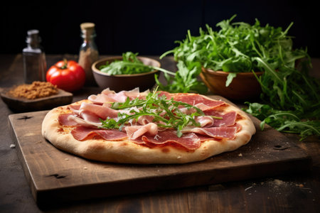 Pizza with ham tomatoes and arugula rocket served on a long wooden board on a rustic counter with coの素材
