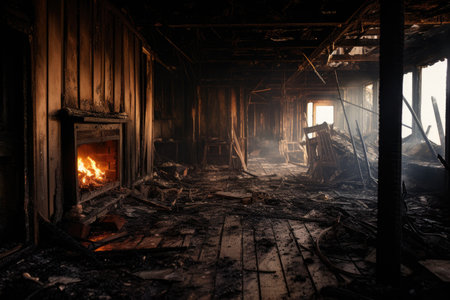 Remains of wooden house after fireの素材