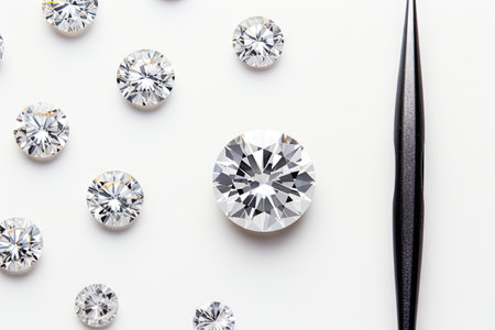 Round cut diamond on tweezers with different cut diamonds on light background top viewの素材