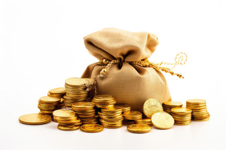 Stacked gold coins and a gold bar placed next to a white background in a treasure sackの素材