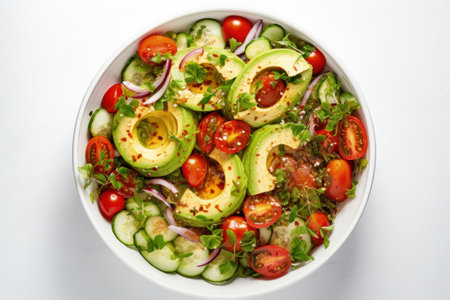 Top down view of a light background featuring fresh salad tomatoes and avocadoの素材