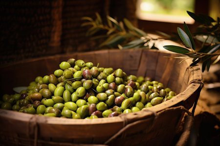 Tools used during olive harvesting season for extracting green fresh olives close up Traditional orgの素材