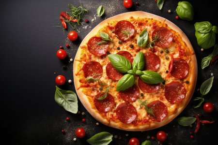 Top view of a delicious pepperoni pizza and cooking ingredients like tomatoes and basil on a black cの素材