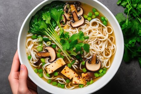 Top view of Asian vegan noodle soup with tofu cheese shiitake mushrooms lettuce in a white bowlの素材