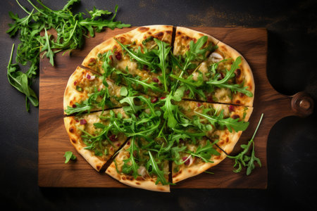 Top view of flatbread pizza on wooden pizza board with fresh arugulaの素材