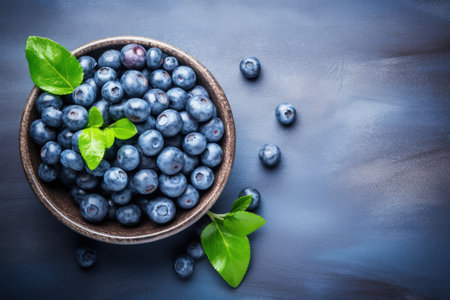 Vintage style flat lay of bilberry or blueberry in bowl on blue rustic backgroundの素材